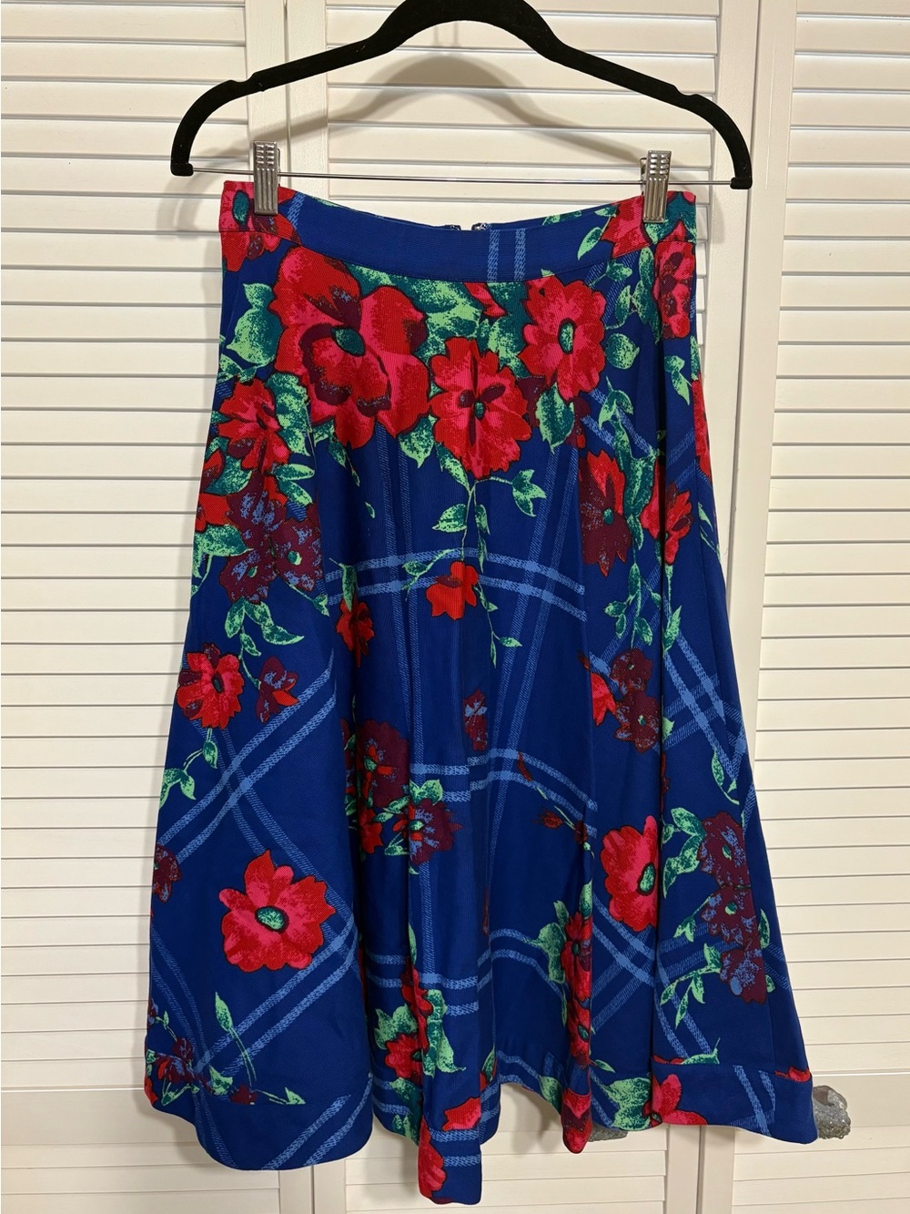 Anthropology Blue Plaid Skater Skirt with Red Floral Print